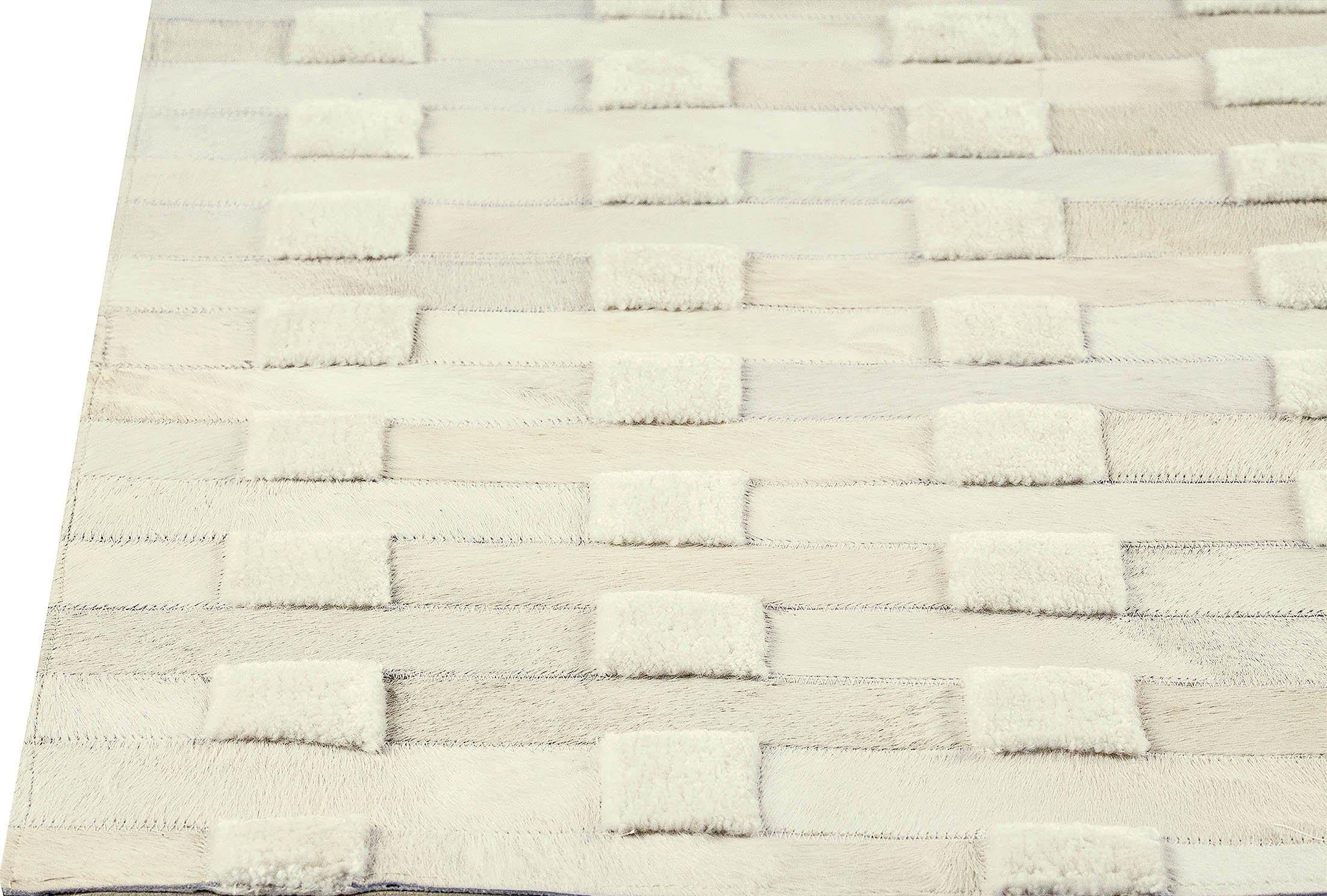 Luxury Geometric Contemporary Handmade Leather Tufted Rio Canopus White/Beige Area Rug Carpet