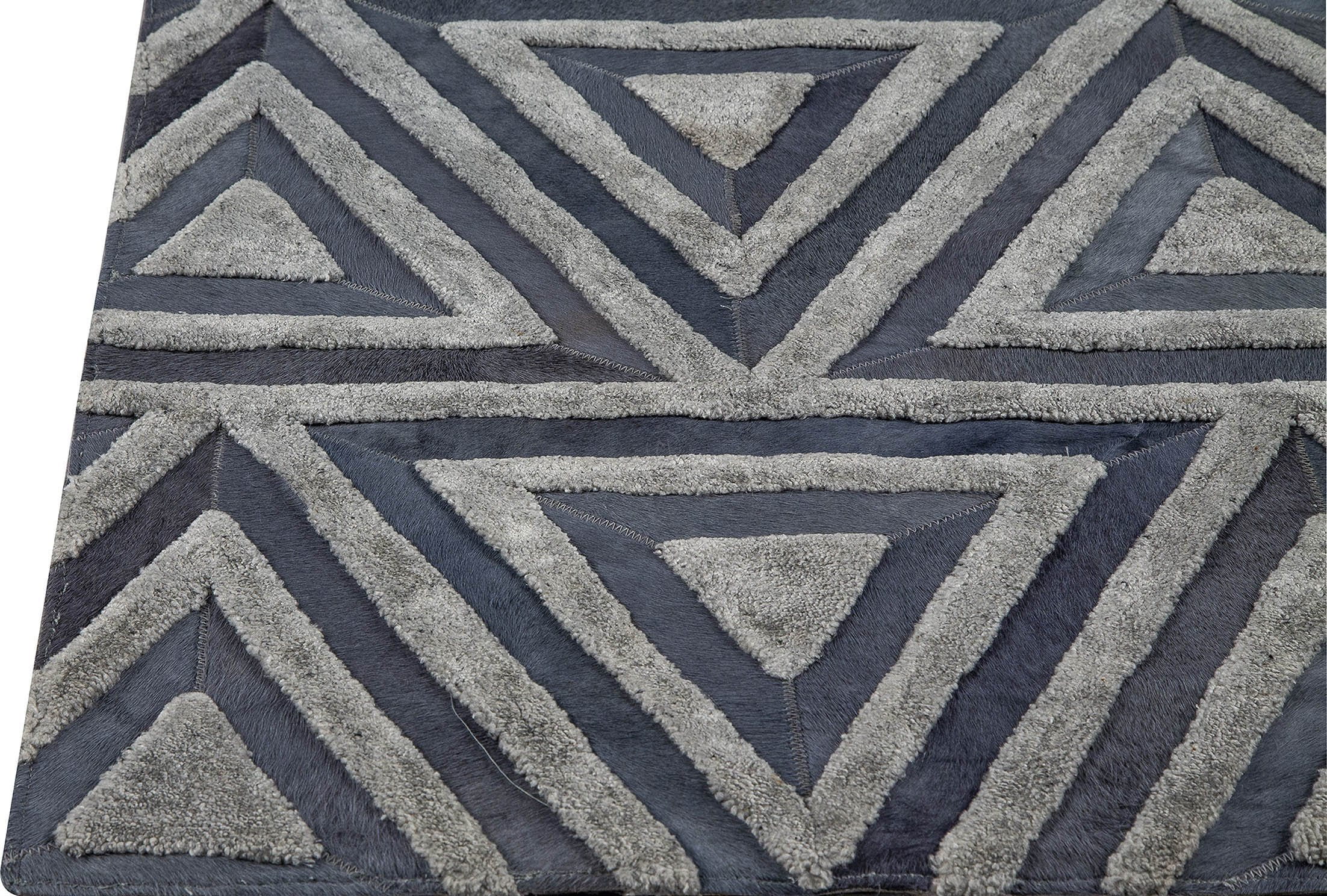 Luxury Geometric Contemporary Handmade Leather Tufted Rio Lyra Grey Area Rug Carpet - Mat Living