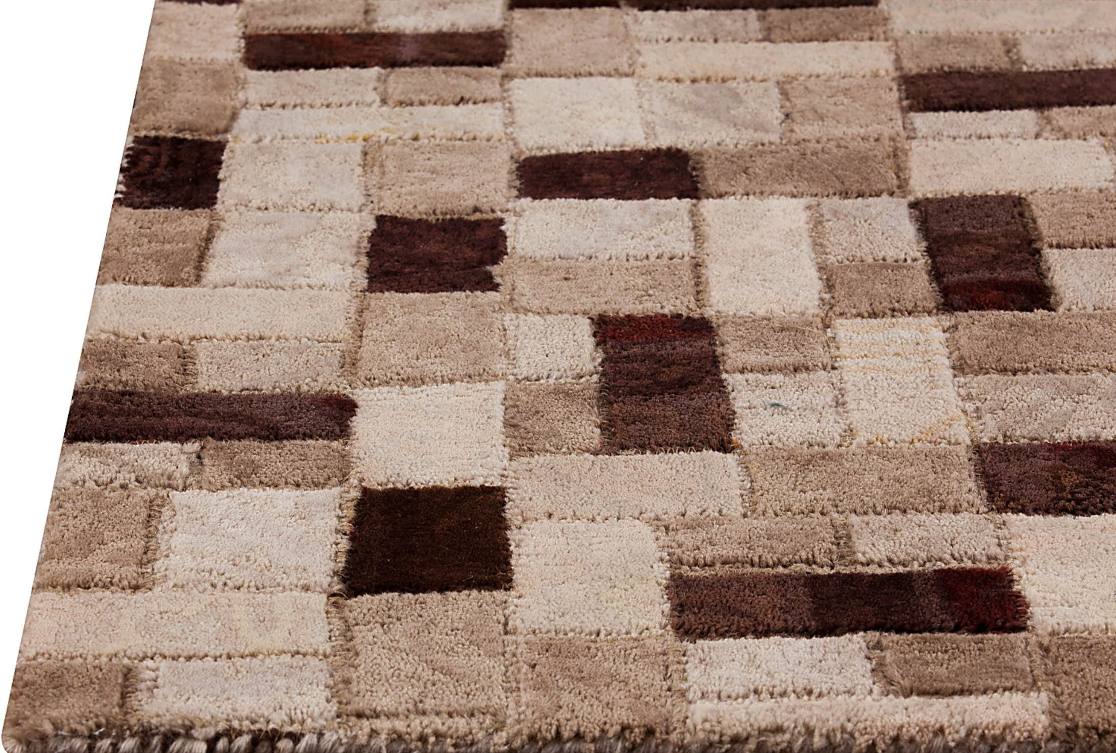 Vintage Luxury Contemporary patchwork Tufted Geometric Puzzle Beige/Brown Area Rug Carpet - Mat Living, Puzzle Rug