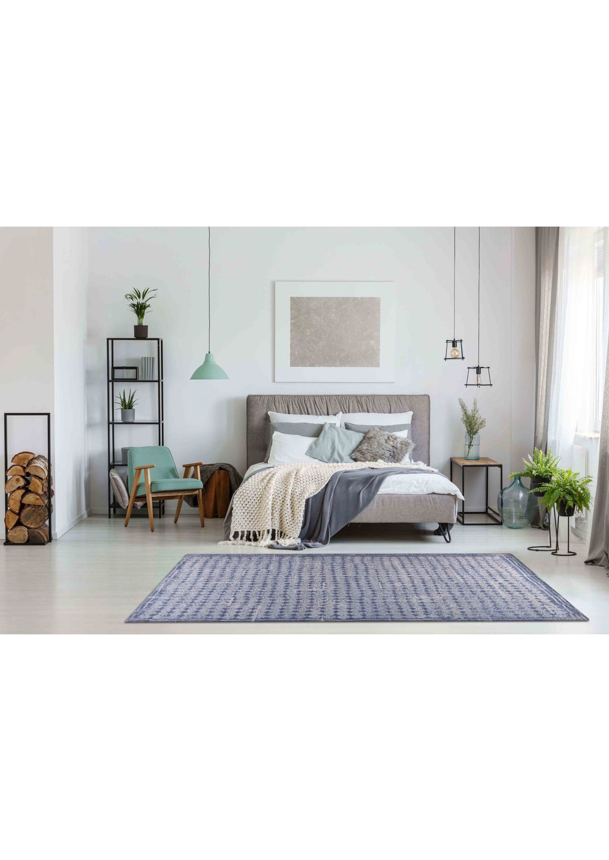 Nile Abstract Border Light Blue Wool Area Rug - Matliving USA